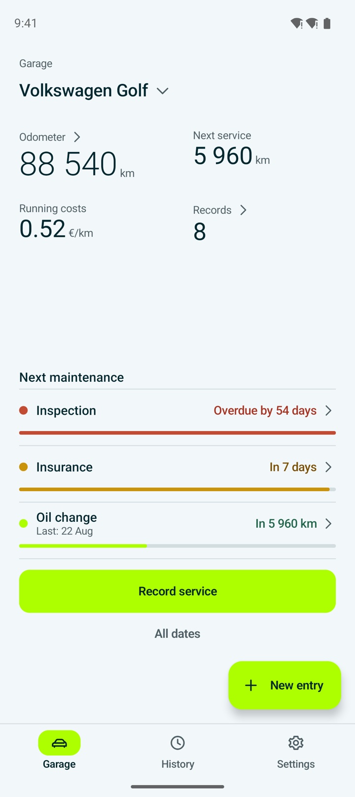 The Bortio garage screen on Android, showing the same odometer, running costs and three maintenance states as the iOS screen.