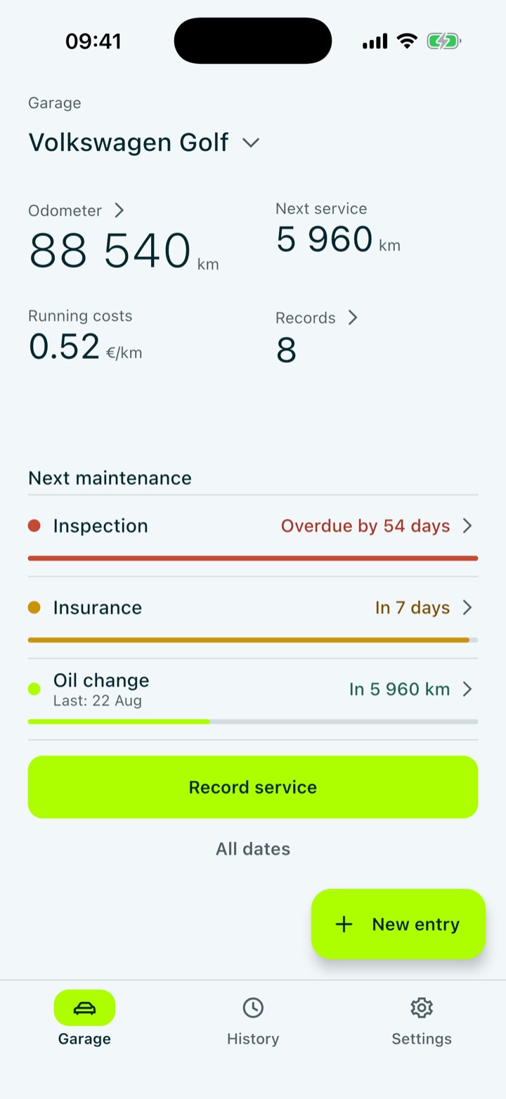 The Bortio garage screen: odometer 88 540 km, next service in 5 960 km, running costs 0.52 € per kilometre, 8 records. Below, three maintenance rows: inspection overdue by 54 days, insurance in 7 days, oil change in 5 960 km.