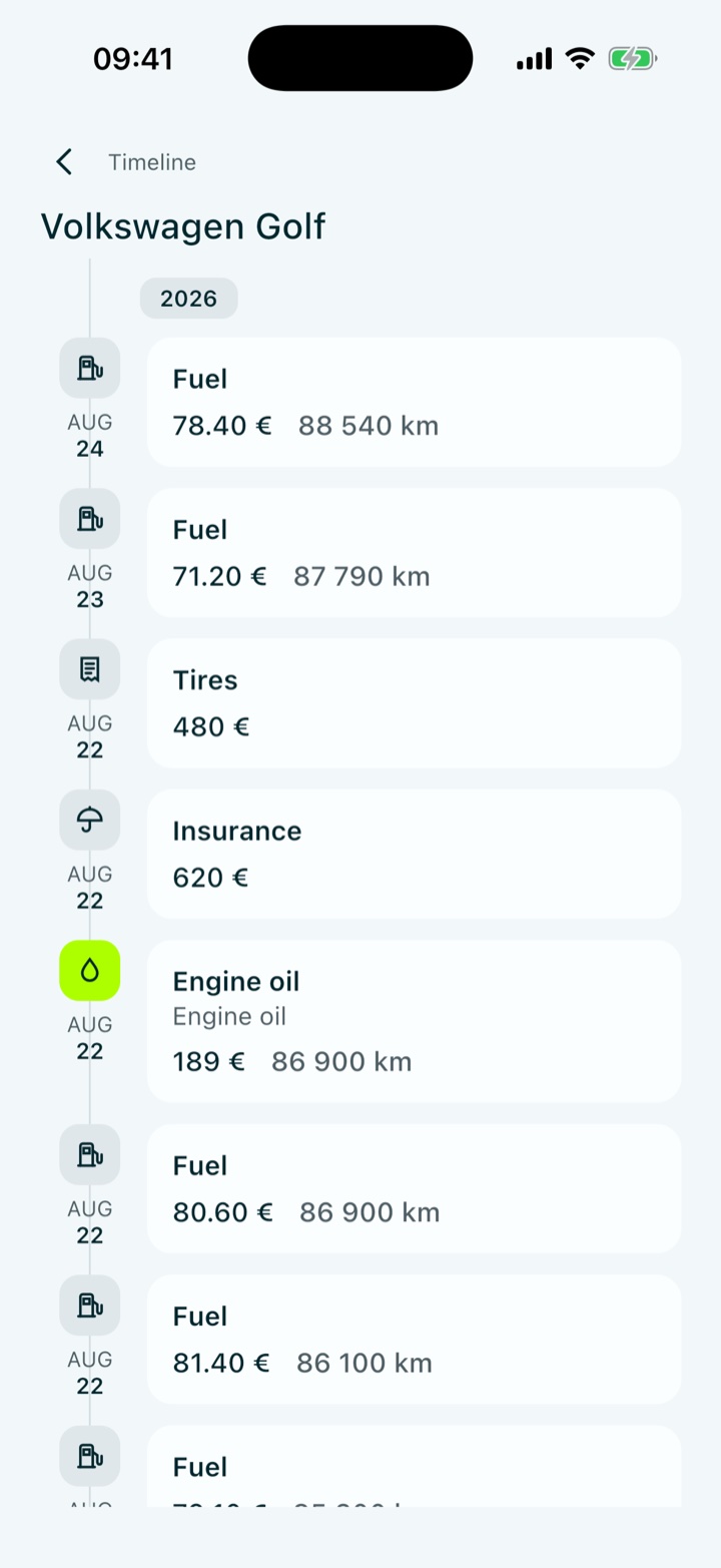 The timeline screen: a continuous rail with dated cards, showing fuel on 24 August at 88 540 km, fuel on 23 August, tires for 480 €, and insurance for 620 €.
