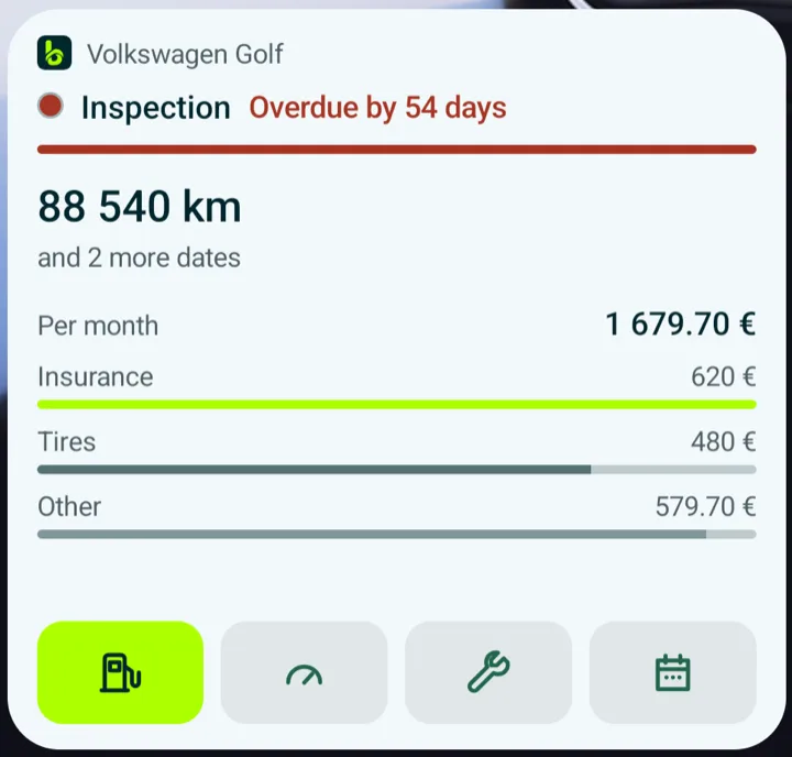 Największy widżet Bortio na ekranie głównym Androida: Volkswagen Golf, przegląd po terminie z czerwonym paskiem, 88 540 km, dwa kolejne terminy, wydatki miesiąca podzielone na ubezpieczenie, serwis i paliwo oraz cztery przyciski.
